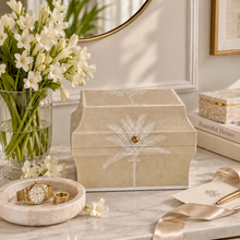 Load image into Gallery viewer, Amani Decor Box with handpainted palm artisanal design, perfect for coffee tables, shelves, or decorative accents.