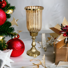 Load image into Gallery viewer, Gold hurricane vase, metal and glass, luxurious and grand candle stand