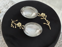 Load image into Gallery viewer, silver nut bowl set of two, with gold orchid stem, orchid flower, luxury serve ware, beautiful modern and elegant and unique