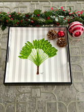 Load image into Gallery viewer, Palm tree on grey stripes tray, tropical modern minimalist black and white tray, gifting essential, lacquer tray