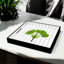 Load image into Gallery viewer, Palm tree tray, on grey stripes tray, tropical modern minimalist black and white tray, gifting essential, lacquer tray