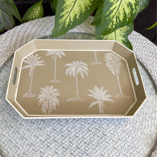 Load image into Gallery viewer, Amani Taupe Collection Tray with hand-painted palm motifs, ideal for serving or décor.
