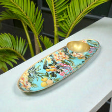 Load image into Gallery viewer, Zavira Oblong Platter with zebra stripes and tropical frangipani and lemons and citrus details.