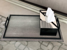 Load image into Gallery viewer, grey leather rectangle tray with black handles