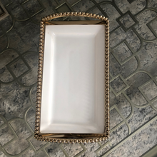 Load image into Gallery viewer, white and gold platter with gold dots on the rim and handles, modern luxurious and elegant