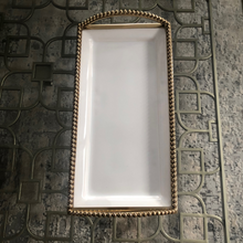 Load image into Gallery viewer, white and gold platter with gold dots on the rim and handles, modern luxurious and elegant