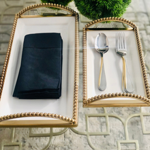 Load image into Gallery viewer, white and gold platter with gold dots on the rim and handles, modern luxurious and elegant