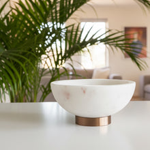 Load image into Gallery viewer, Allure White Marble Dip Bowl by Meraki Lily—luxurious white marble on a brass base, perfect for serving dips, snacks, or small treats. Timeless, stylish, and functional.