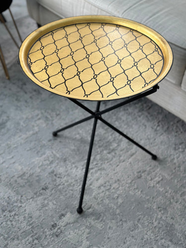 gold luxurious handpainted folding table, with tripod stand, luxury finishing, modern and elegant, royal looking