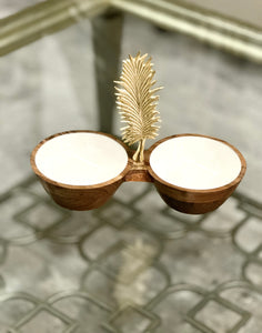 Double wood nut bowl with white enamel and gold leaf handle, modern and luxurious
