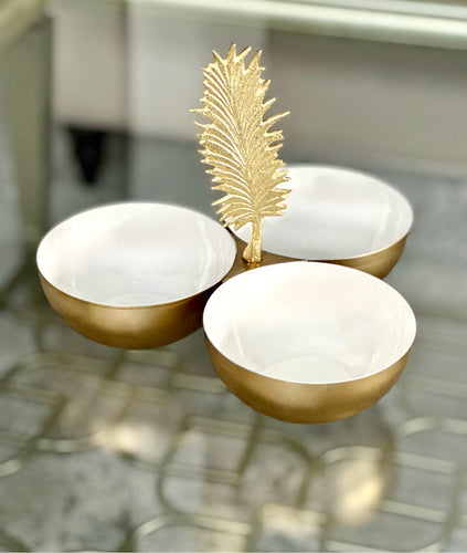 white and gold triple nut bowl with gold leaf handle, modern, stylish, luxurious and elegant
