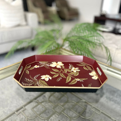 Red maroon tray with handprinted flowers, luxury and modern for drinks and decor