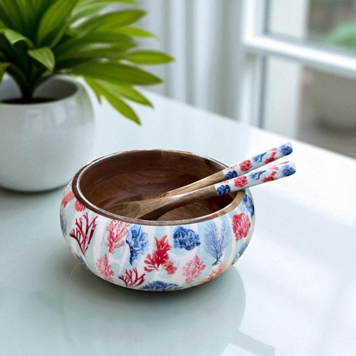 coral salad bowl, coral and shell, luxury salad bowl, bowl with servers, mango wood salad bowl