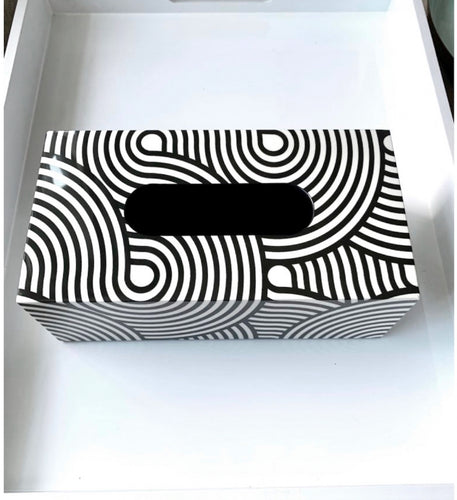black and white swirl lacquer tissue box, modern elegant and stylish