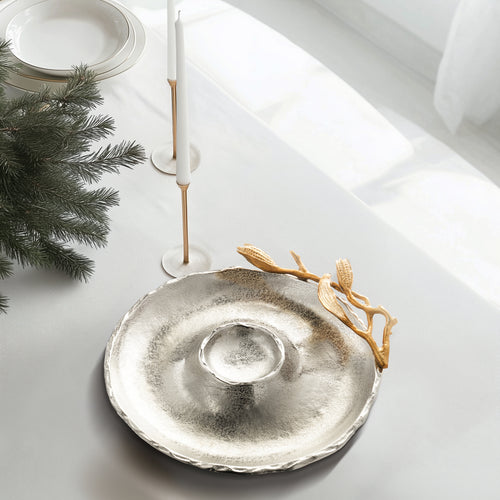 Silver and Gold chip and dip platter with gold accents, luxury serve ware