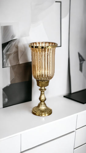 Gold hurricane vase, metal and glass, luxurious and grand candle stand