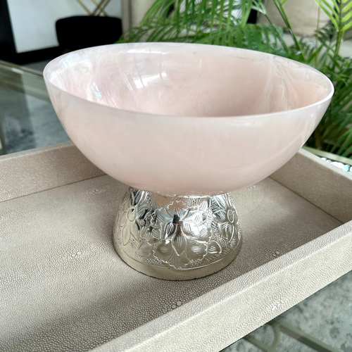 pink bowl on silver base, luxury modern and elegant