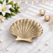 Load image into Gallery viewer, Meraki Lily Maris Tray – gold shell-shaped serving and home décor tray
