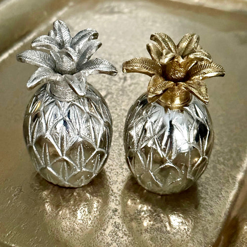 silver and gold pineapple salt pepper set, tropical flair, cute, practical and elegant