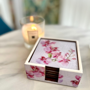 floral orchid coaster set of 6, modern traditional contemporary and elegant