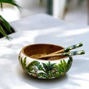 jungle-inspired salad bowl, wooden leopard bowl, tropical wood salad bowl, hand-painted wildlife bowl, luxury serving bowl, exotic wooden tableware, artisanal salad bowl, leopard design serveware, lush tropical tropical wood salad bowl, hand-painted salad bowl, wooden serving bowl, luxury salad bowl, pineapple and palm tree bowl, artisanal wood bowl, decorative serving bowl, exotic tableware, handcrafted wooden bowl