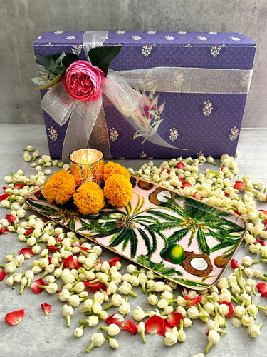 coconut tree tray in green and pink color, fun, vibrant and bold. tropical modern and contemporary 
