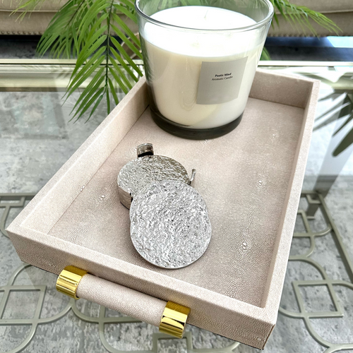 biege shagreen leather tray with gold handles, luxury, minimalist , modern and elegant. home decor accent tabletop goals