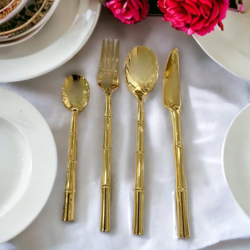gold bamboo handle cutlery, modern tableware, spoon, fork, knife and teaspoon