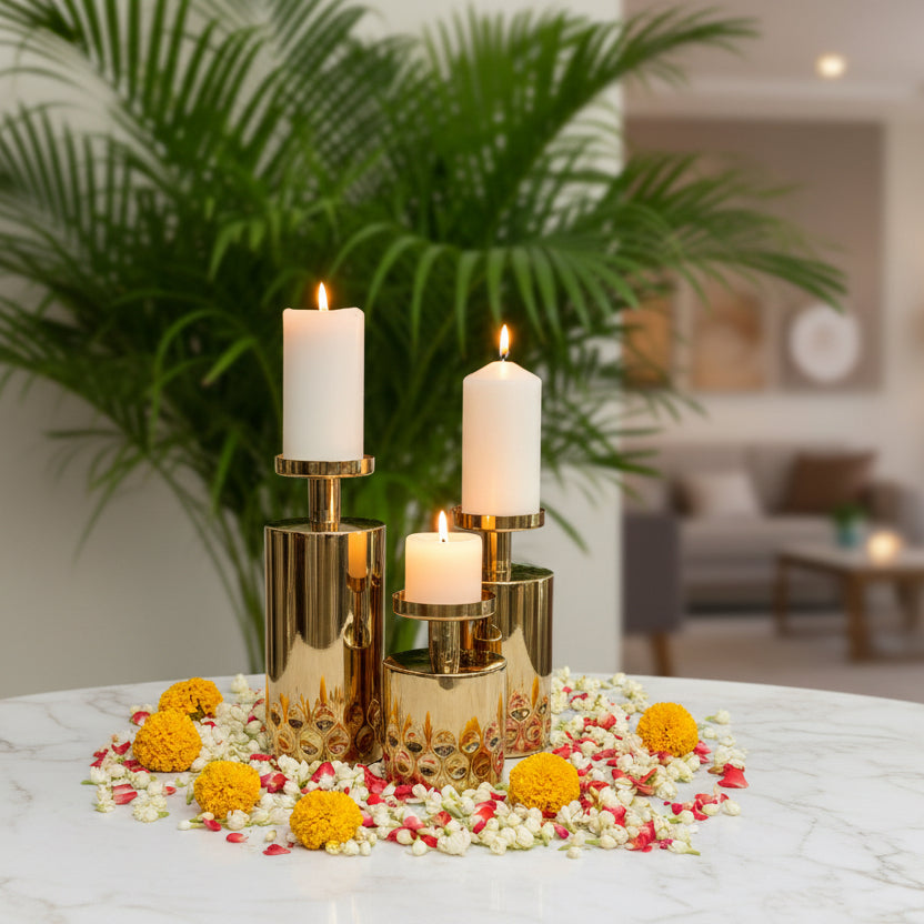 お値下げ　新品　アイボリーゴールド　マホガニー製　フラワースタンド　金箔仕上げ Luxury Candle Stands Singapore | Decorative Candleholders | Meraki