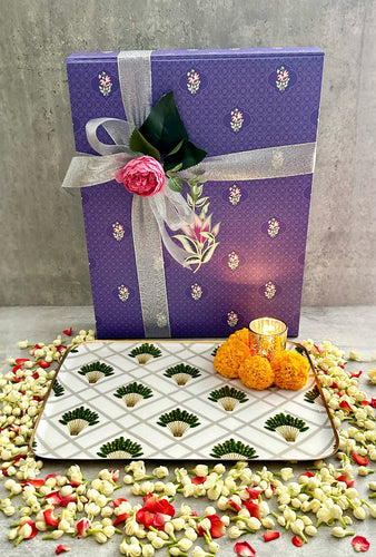 rectangle metal tray with palm tree design,  tropical flair and elegant 