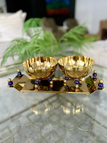 gold set of two nut dish, with blue gem stones on the stands, royal, classy expensive looking, high end stainless