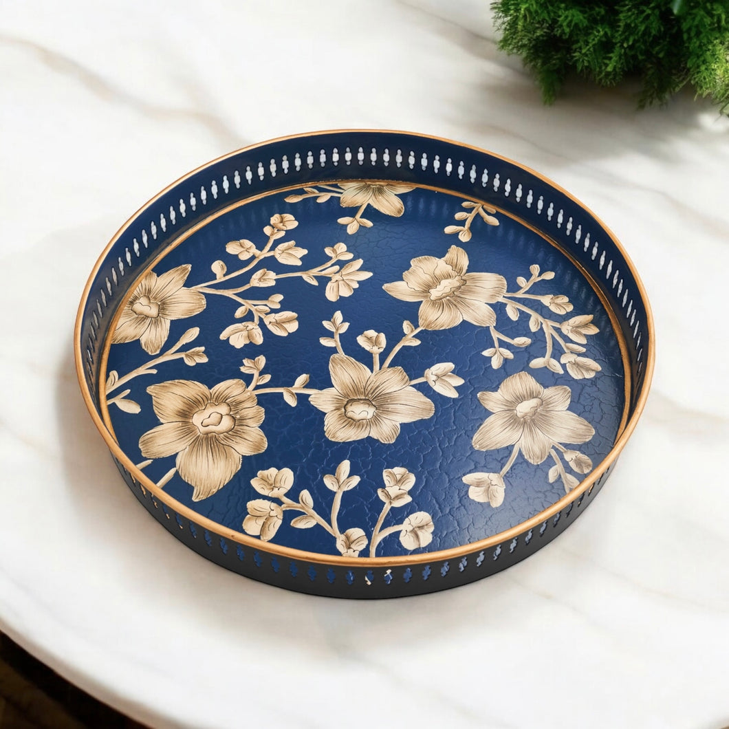 Addison Tray in blue, navy with handpainted flowers by Meraki Lily, ideal for serving, styling, or gifting