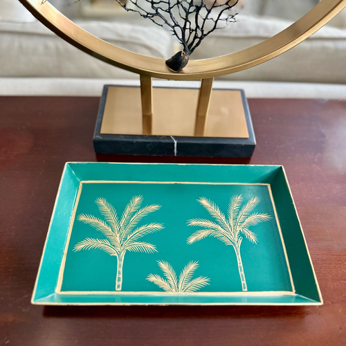 Amani Emerald Collection with handpainted gold palm motifs, ideal for décor or serving.