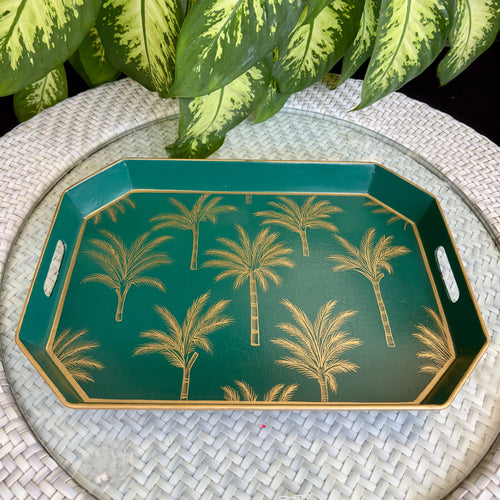 Amani Emerald Collection Tray with hand-painted palm motifs, ideal for serving or decorative use.