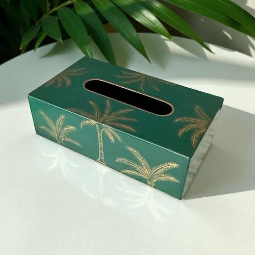 Amani Emerald Tissue Box with hand-painted palm motifs on emerald green.