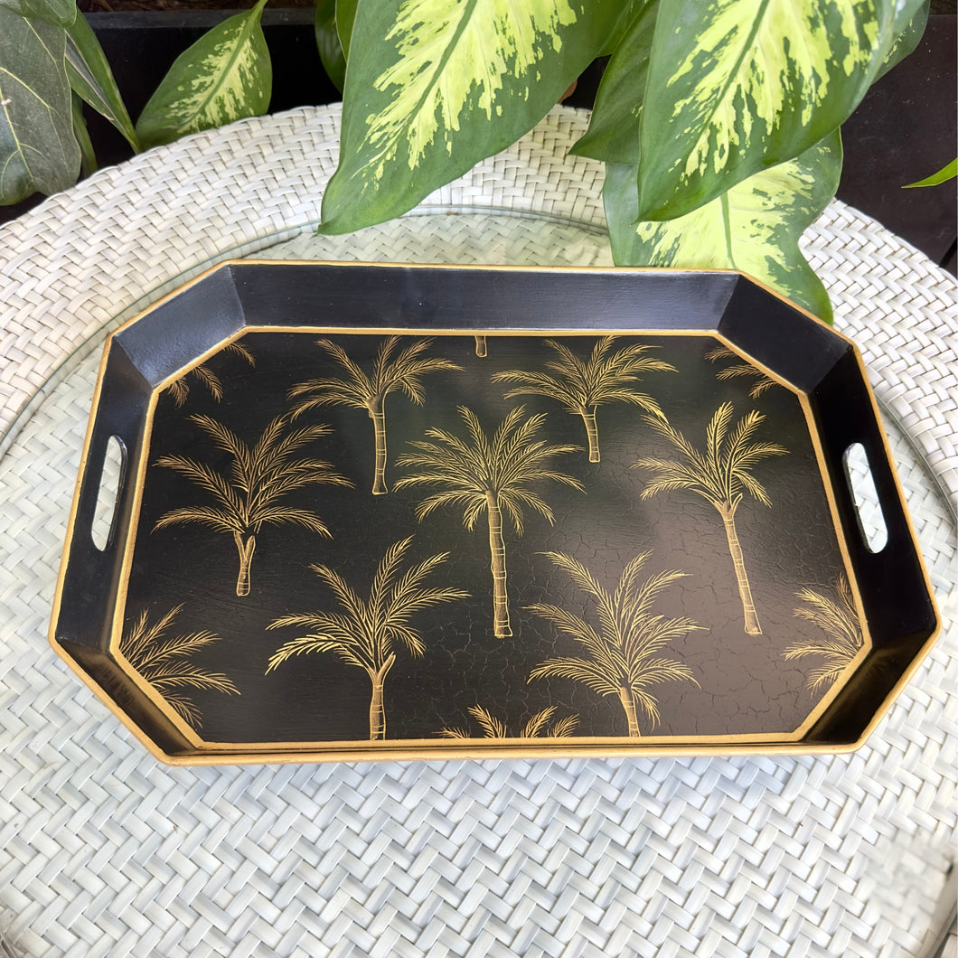 Amani Noir Collection Tray with hand-painted gold palm motifs, ideal for serving or décor.