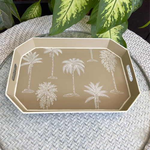 Amani Taupe Collection Tray with hand-painted palm motifs, ideal for serving or décor.