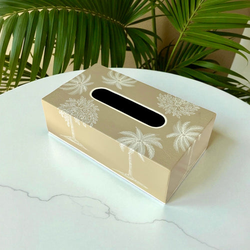 Amani Taupe Tissue Box with hand-painted palm motifs on a soft taupe base