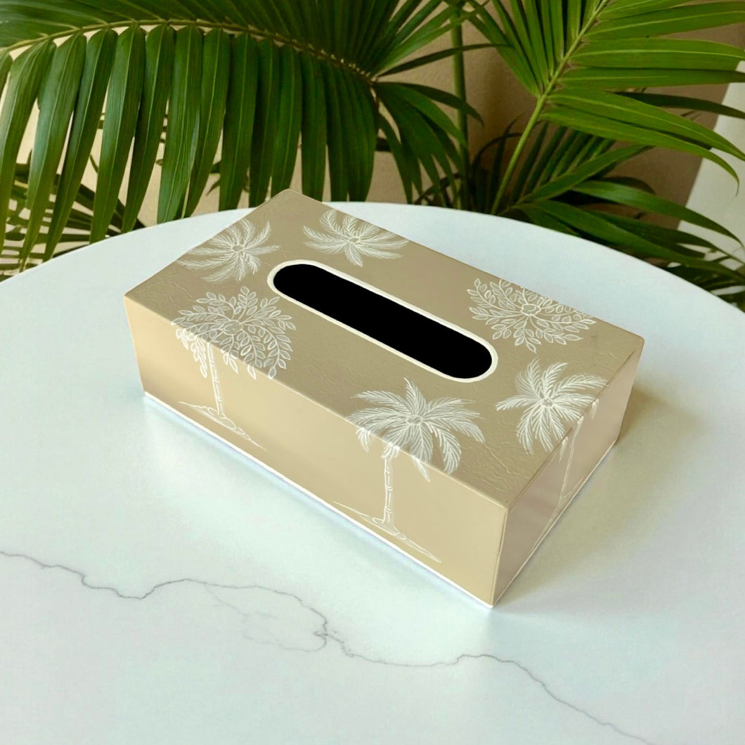 Amani Taupe Tissue Box with hand-painted palm motifs on a soft taupe base