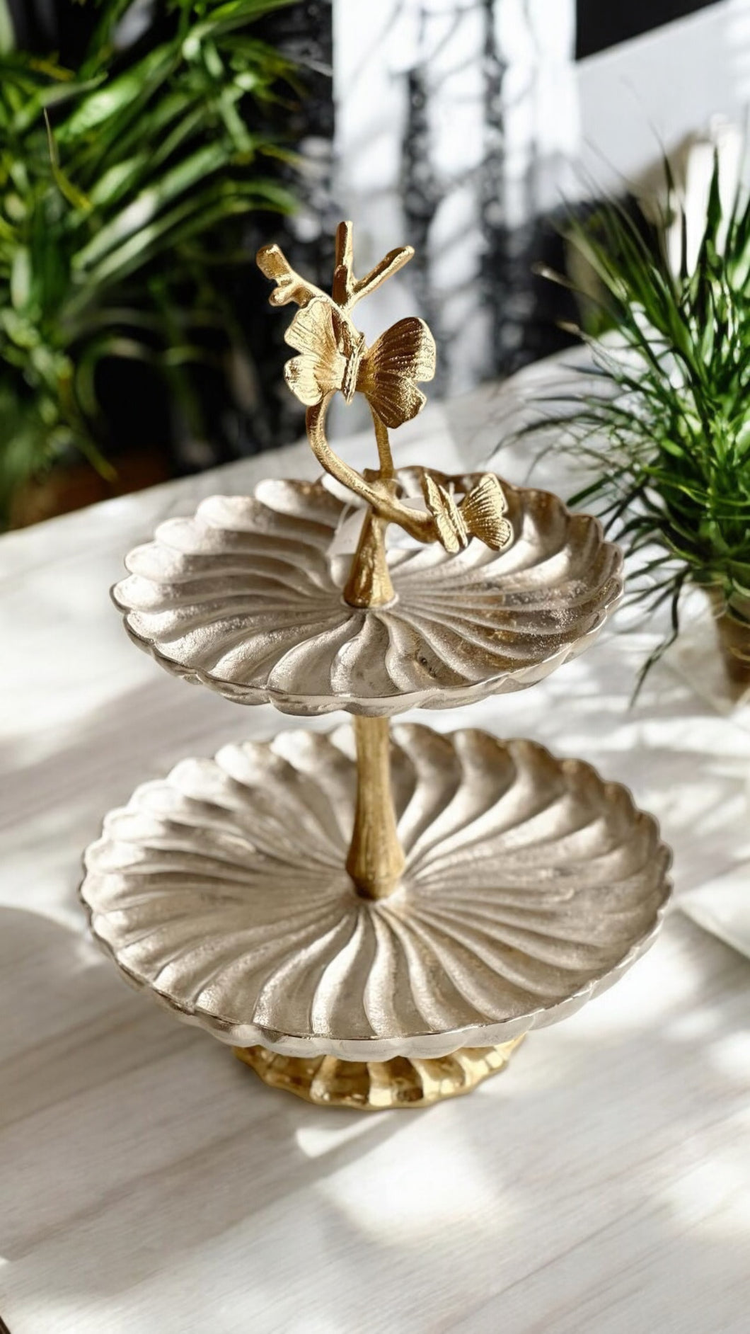 Amara 2-Tier Pastry Stand with butterfly accents by Meraki Lily, ideal for serving desserts, snacks, or savouries and elevating table presentation