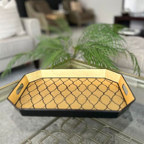Amasa Tray in handpainted gold with geometric pattern by Meraki Lily, ideal as a statement piece or functional accessory