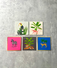 Load image into Gallery viewer, Animalia Coasters by Meraki Lily featuring zebra, tiger, toucan, monkey, and cheetah designs, perfect for mixing and matching on your table

