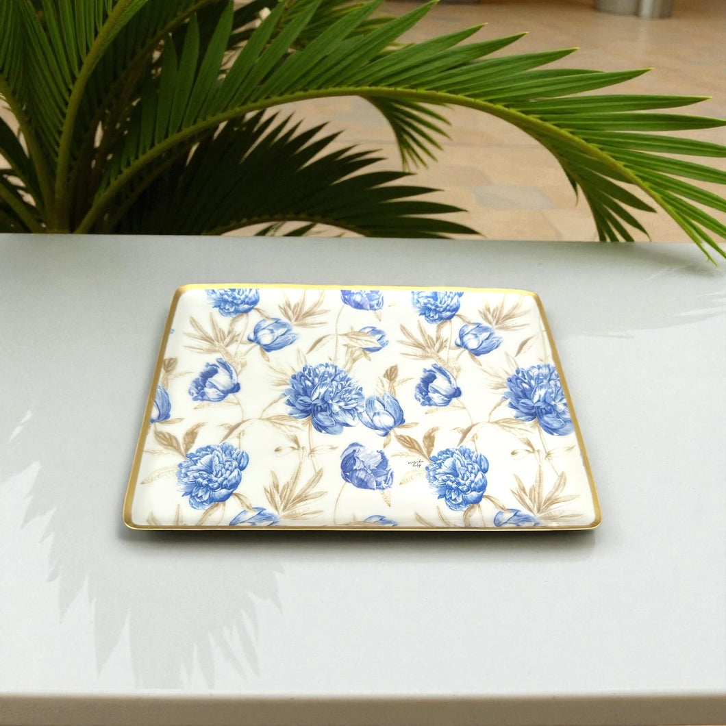 Athena Tray with classic European design, featuring vibrant blue flowers on a white background.