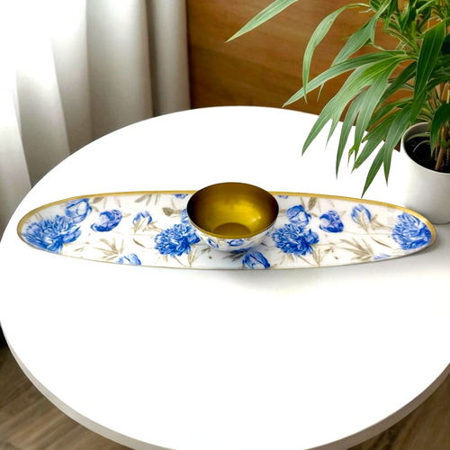 Athena Oblong Set with classic European blue floral design on white, ideal for serving or décor.