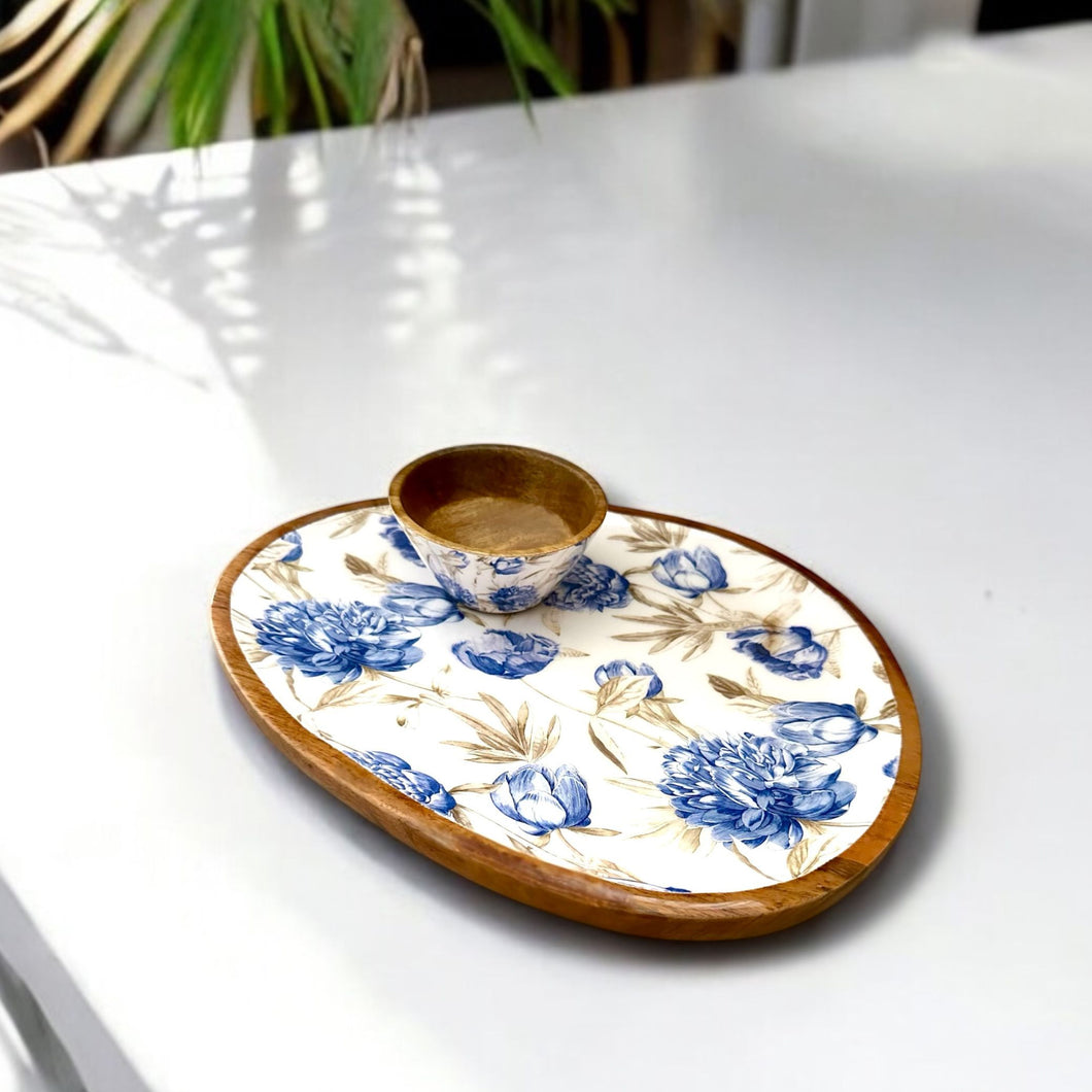 Athena Platter Set with vibrant blue floral design on white, ideal for serving or gifting.