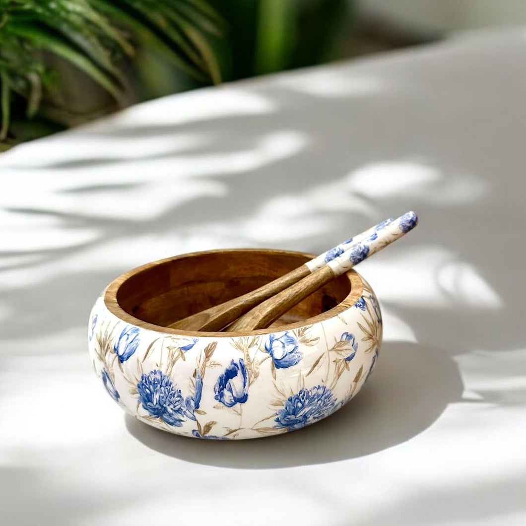 Athena Salad Bowl with vibrant blue floral design on white, perfect for serving or décor.