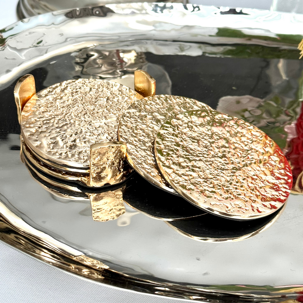 Aurea Gold Coaster Set of four with matching stand by Meraki Lily, luxury gold drink coasters for home entertaining