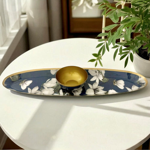 Cassina Oblong Set with elegant white magnolia design, perfect for serving or decorating your table.