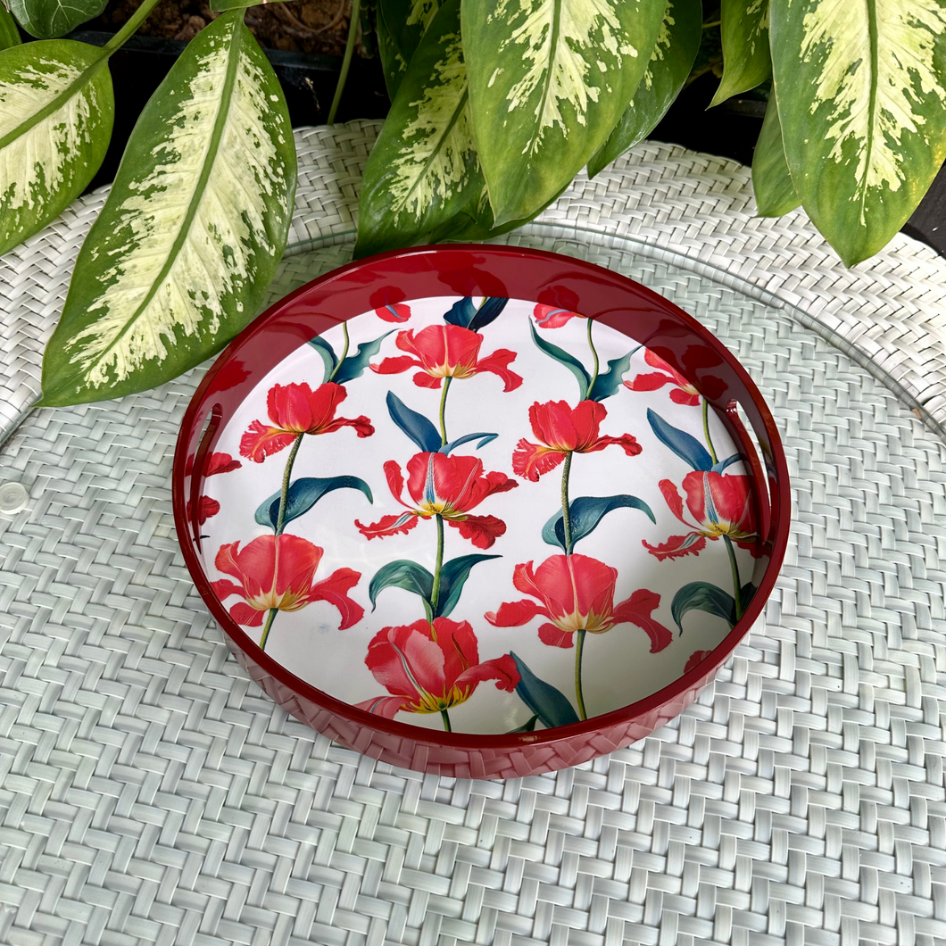 Crimson Bloom Tray by Meraki Lily, ideal for hosting or decorating with tulip, cheerful charm