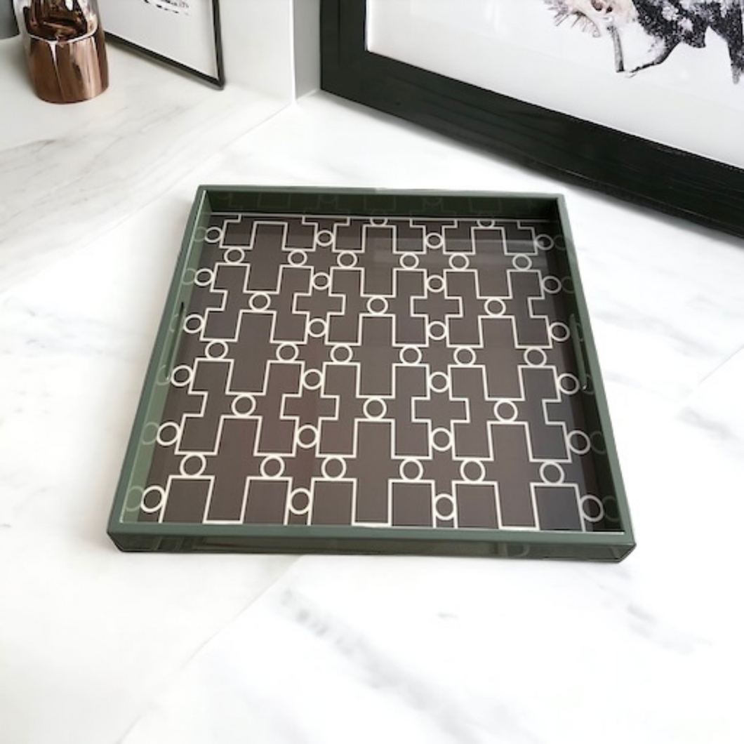 Milano Tray with earthy tones and geometric print by Meraki Lily, ideal for serving, entertaining, or as a chic décor accent